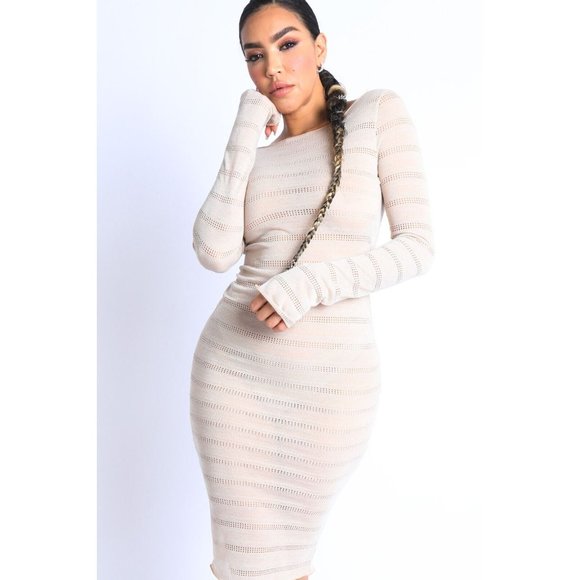 Women's Open Back Knit Midi Cover Up Dress Swim Bikini Cover up Dress Nude S M L - Picture 10 of 11